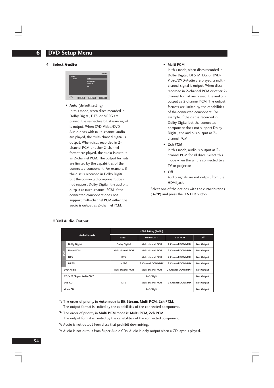 Dvd setup menu 6, Hdmi audio output | Marantz DV9600 User Manual | Page 54 / 68