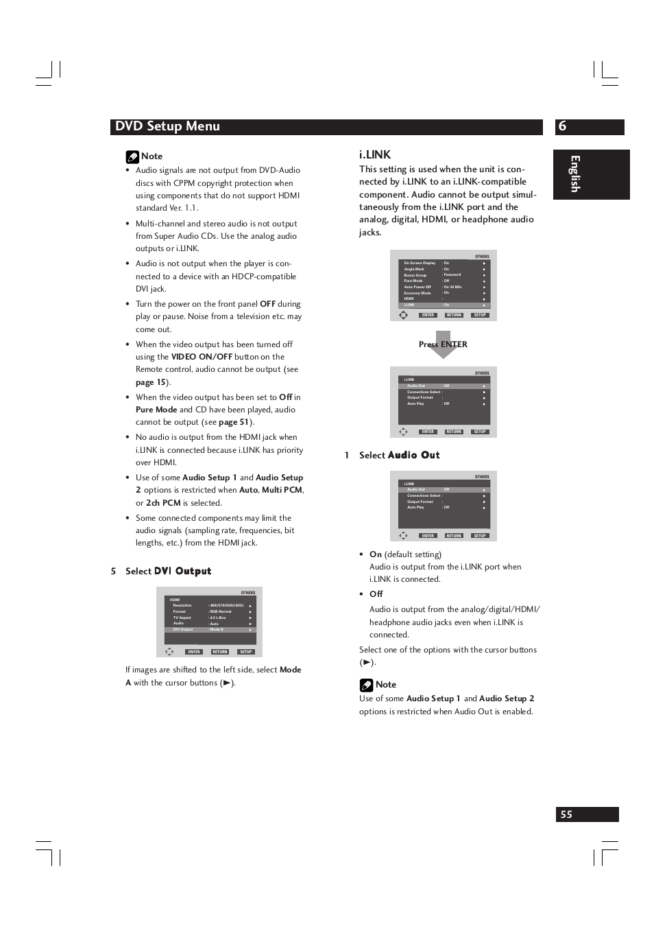 6dvd setup menu, English, I.link | Press enter | Marantz DV9600 User Manual | Page 55 / 68