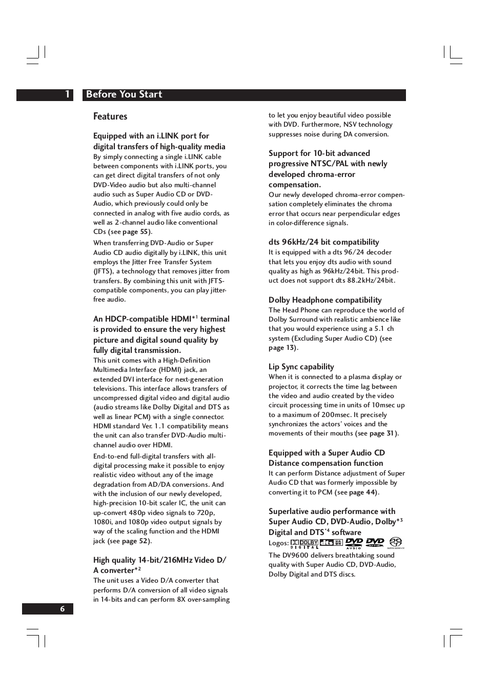 Before you start 1, Features | Marantz DV9600 User Manual | Page 6 / 68