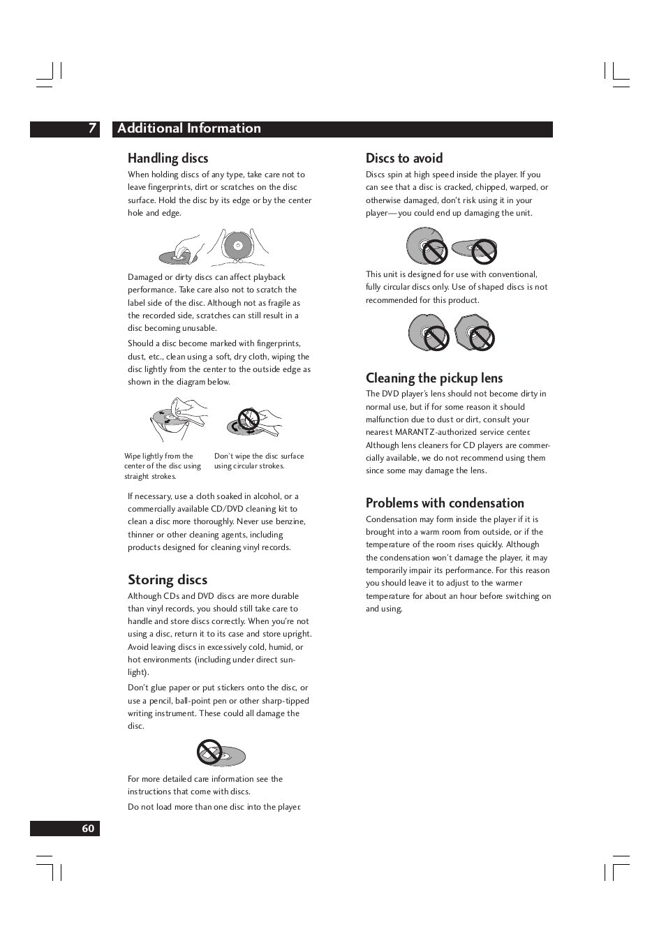 Additional information 7, Handling discs, Storing discs | Discs to avoid, Cleaning the pickup lens, Problems with condensation | Marantz DV9600 User Manual | Page 60 / 68