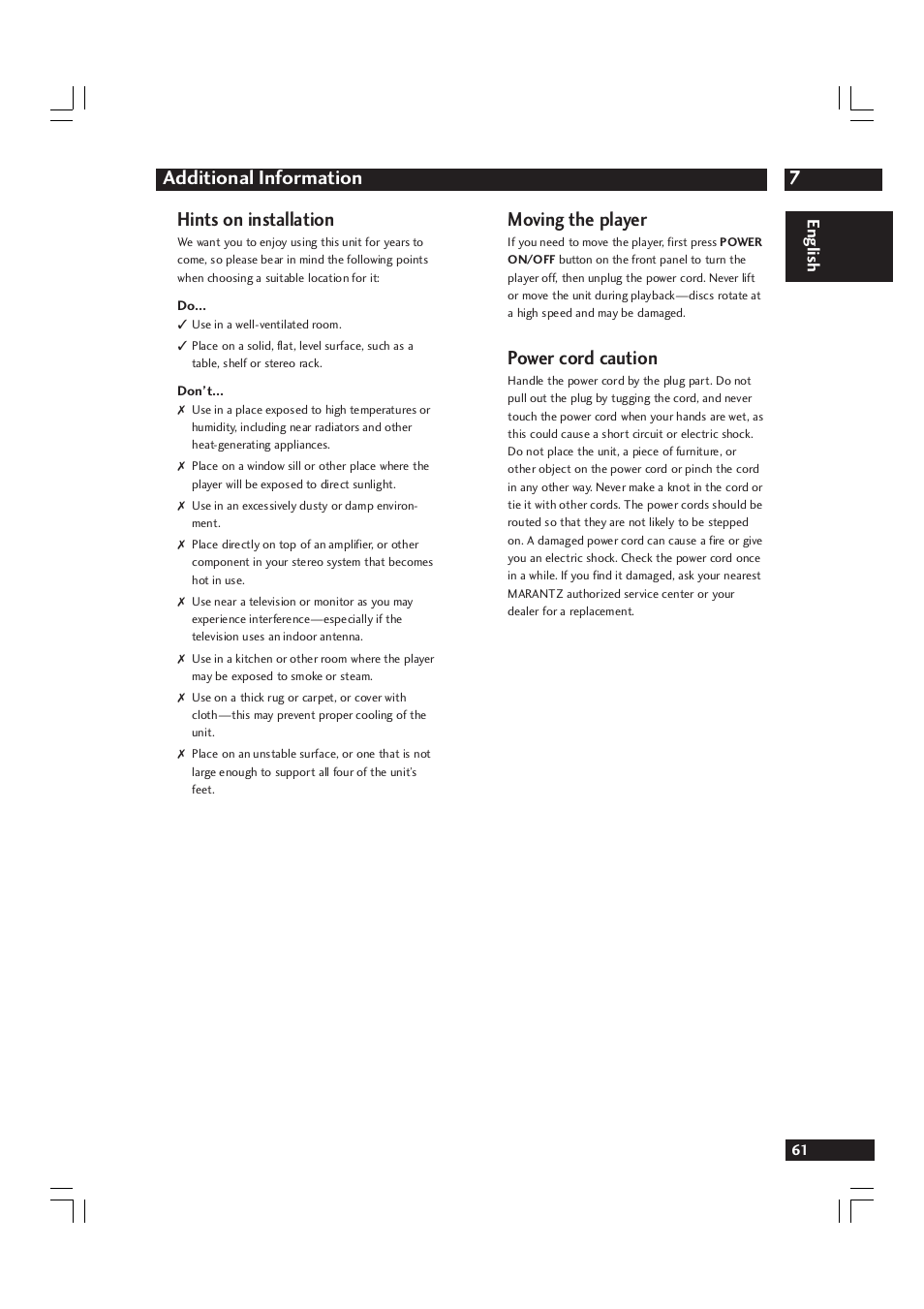 7additional information, Hints on installation, Moving the player | Power cord caution, English | Marantz DV9600 User Manual | Page 61 / 68