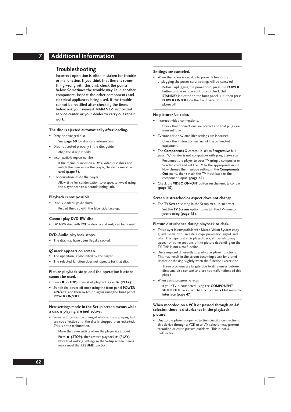 Additional information 7, Troubleshooting | Marantz DV9600 User Manual | Page 62 / 68