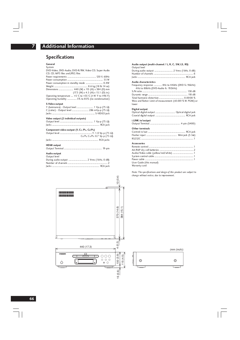 Additional information 7, Specifications | Marantz DV9600 User Manual | Page 66 / 68