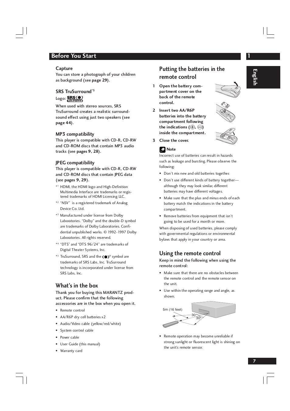 1before you start, What’s in the box, Putting the batteries in the remote control | Using the remote control, English, Capture, Srs trusurround, Mp3 compatibility, Jpeg compatibility | Marantz DV9600 User Manual | Page 7 / 68