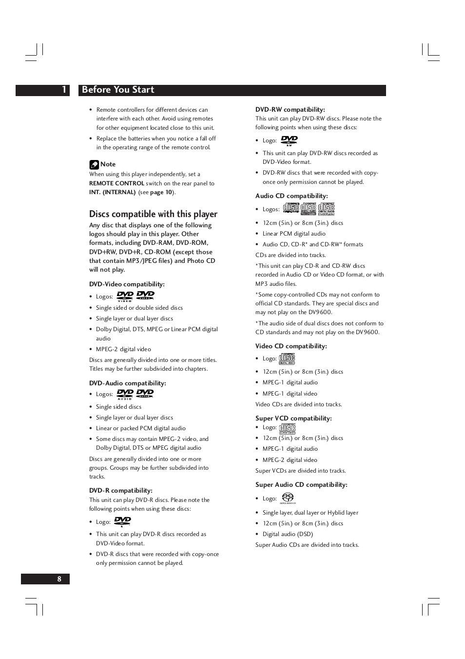Before you start 1, Discs compatible with this player | Marantz DV9600 User Manual | Page 8 / 68