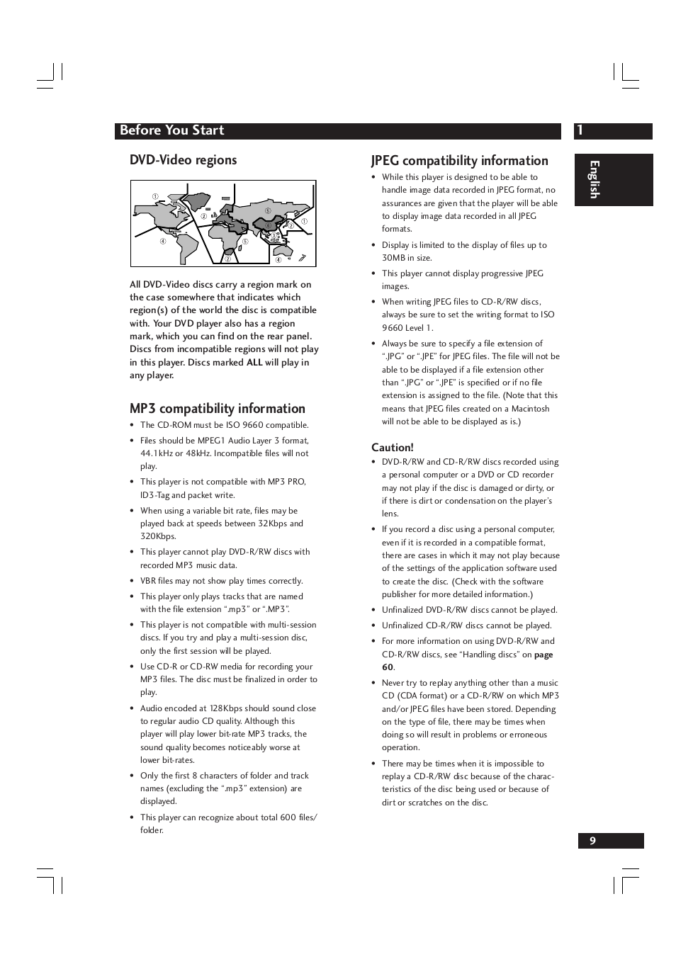 1before you start, Dvd-video regions, Mp3 compatibility information | Jpeg compatibility information, English | Marantz DV9600 User Manual | Page 9 / 68