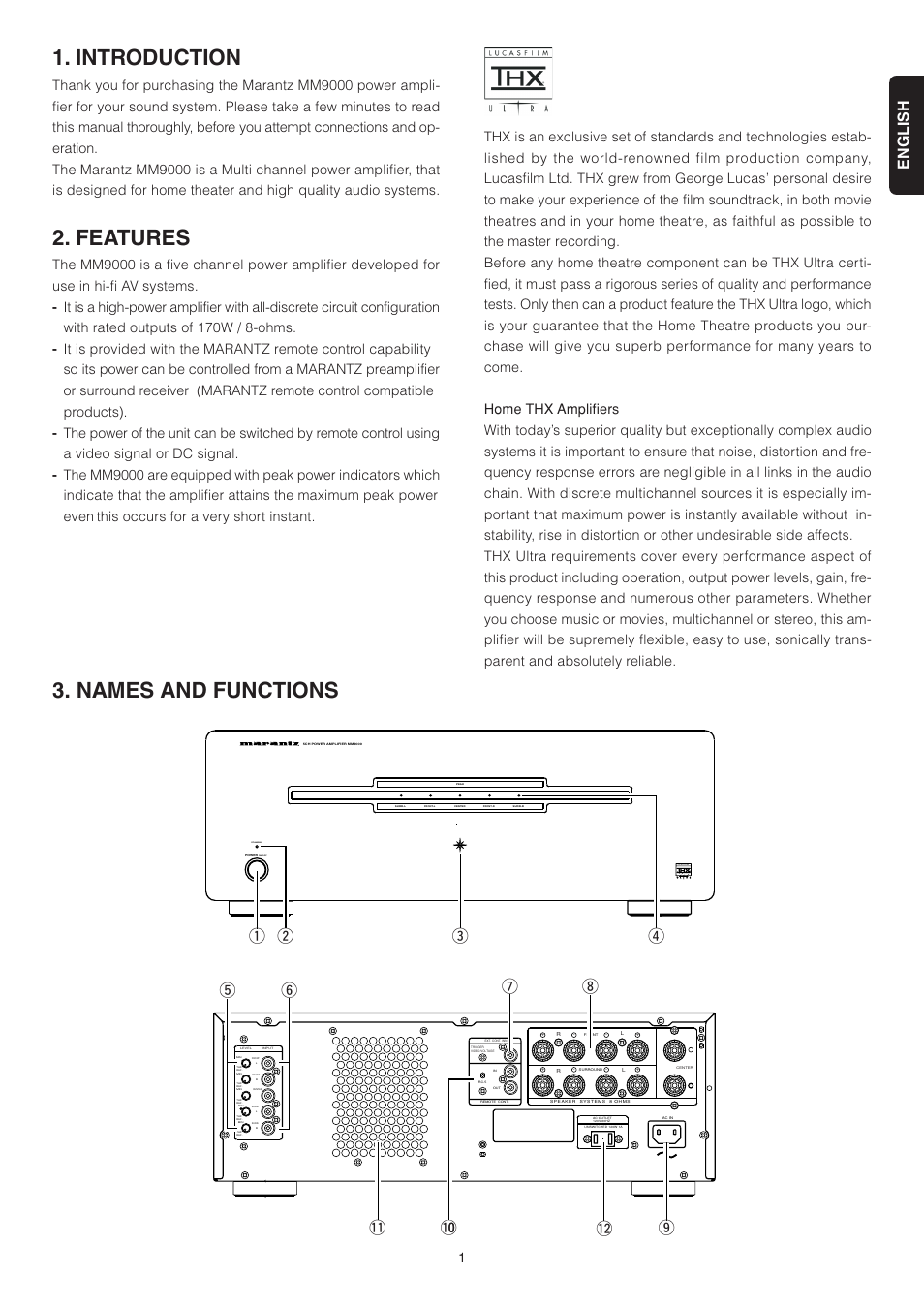 Introduction, Features, Names and functions | Re w q, Tu i o !00 !2 !1 y, Lucasfilm, Standby, On/off | Marantz MM9000 User Manual | Page 5 / 9
