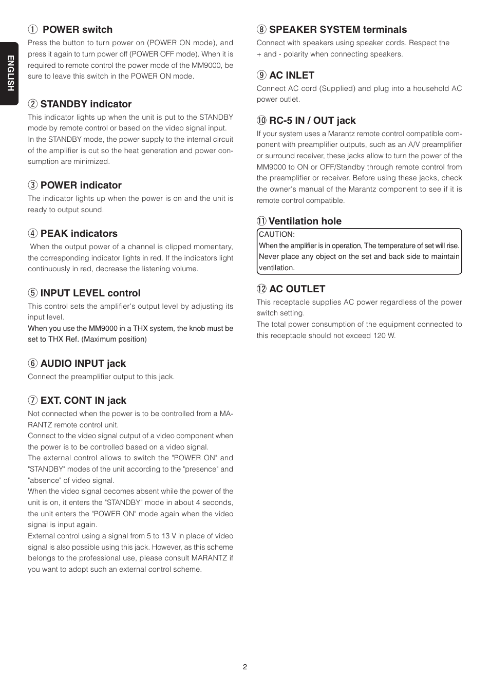 Q power switch, W standby indicator, E power indicator | R peak indicators, T input level control, Y audio input jack, U ext. cont in jack, I speaker system terminals, O ac inlet, 0 rc-5 in / out jack | Marantz MM9000 User Manual | Page 6 / 9