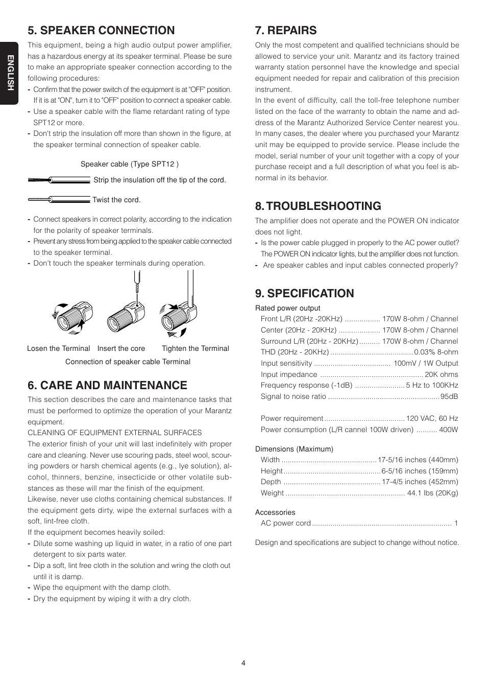 Speaker connection, Care and maintenance, Repairs | Troubleshooting, Specification | Marantz MM9000 User Manual | Page 8 / 9