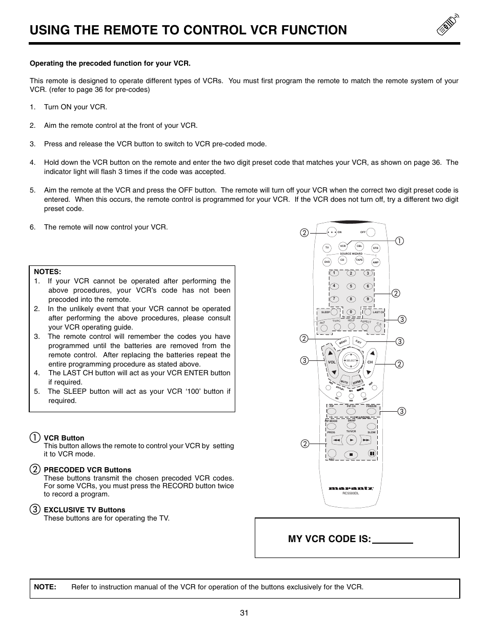 Using the remote to control vcr function, My vcr code is | Marantz DL5500 User Manual | Page 31 / 92