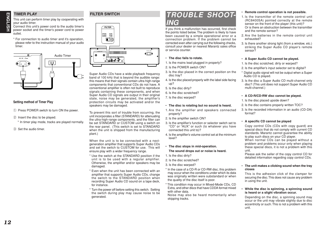 Trouble shoot- ing, Opt. coax. stan- dard cus- tom filter ac in | Marantz SA8400 User Manual | Page 14 / 16