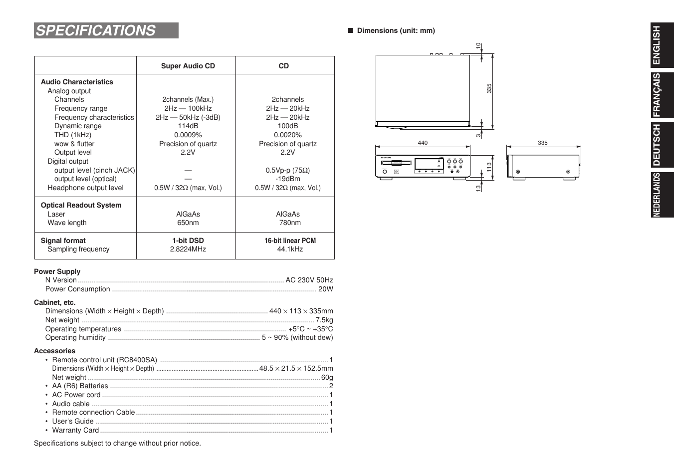 Specifications | Marantz SA8400 User Manual | Page 15 / 16