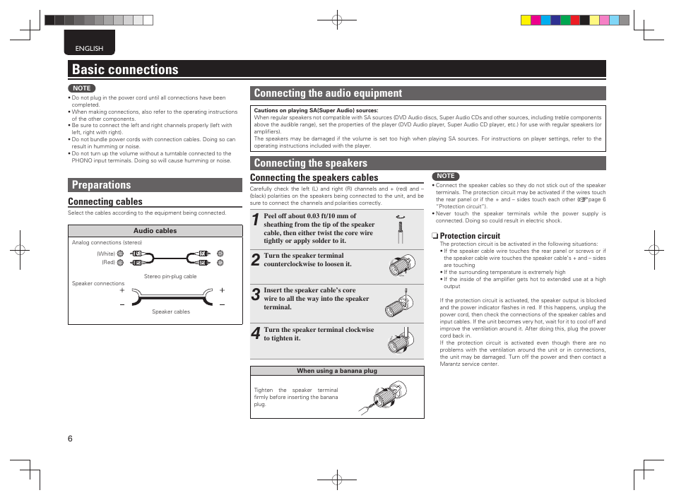 Basic connections, Preparations, Connecting the speakers | Connecting the audio equipment, Connecting cables, Connecting the speakers cables | Marantz PM5004 User Manual | Page 9 / 19