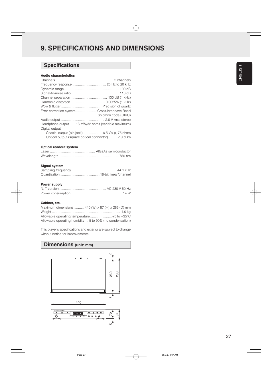 Specifications and dimensions, Specifications, Dimensions | Marantz CD5001 User Manual | Page 31 / 33