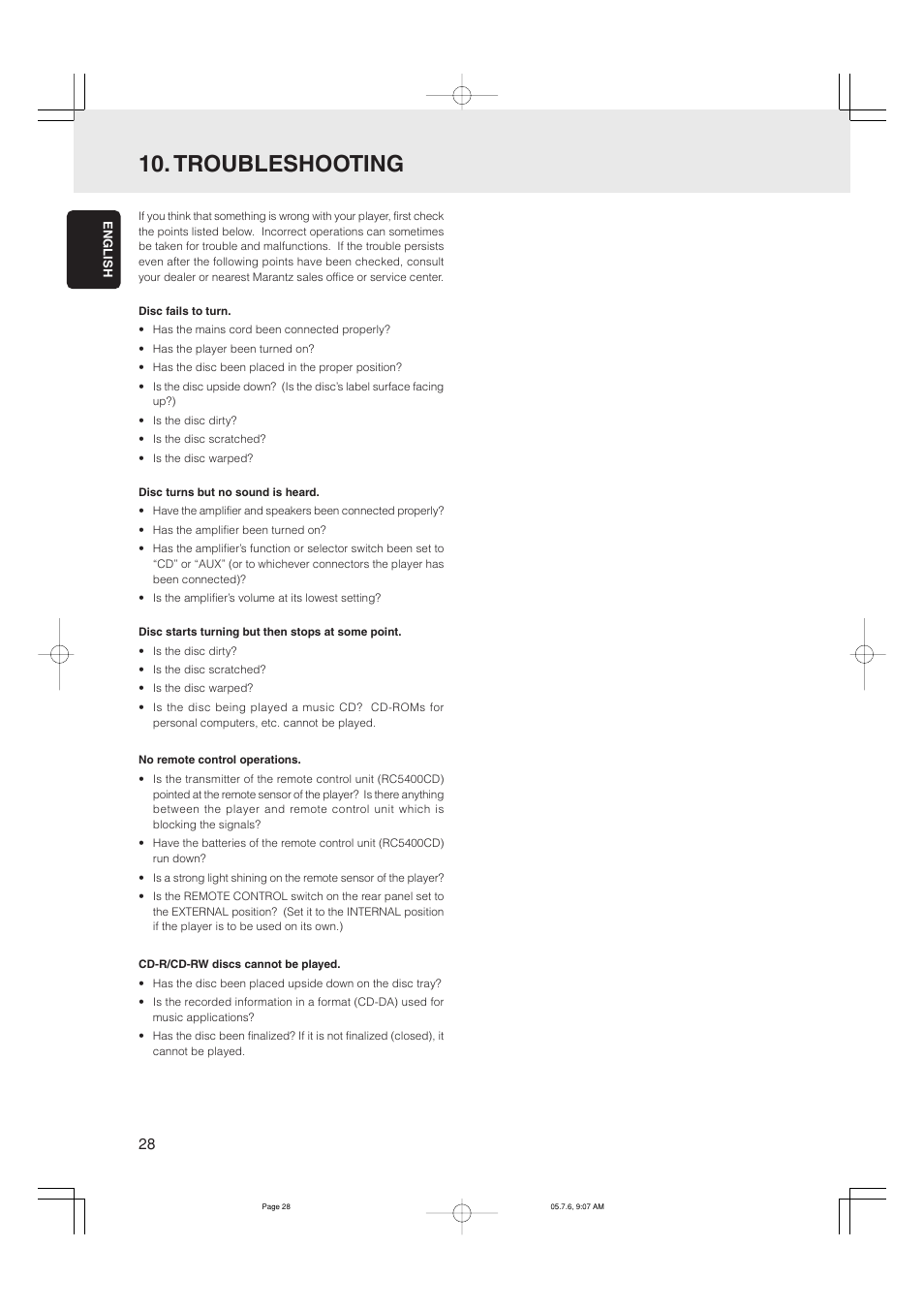 Troubleshooting | Marantz CD5001 User Manual | Page 32 / 33
