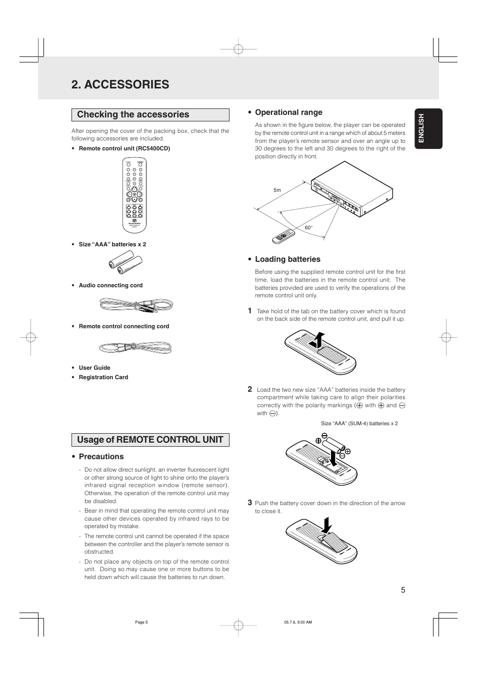 Accessories, Checking the accessories, Usage of remote control unit | Operational range, Loading batteries, Precautions, Reset scroll, Recall, Pitch, Quick replay | Marantz CD5001 User Manual | Page 9 / 33