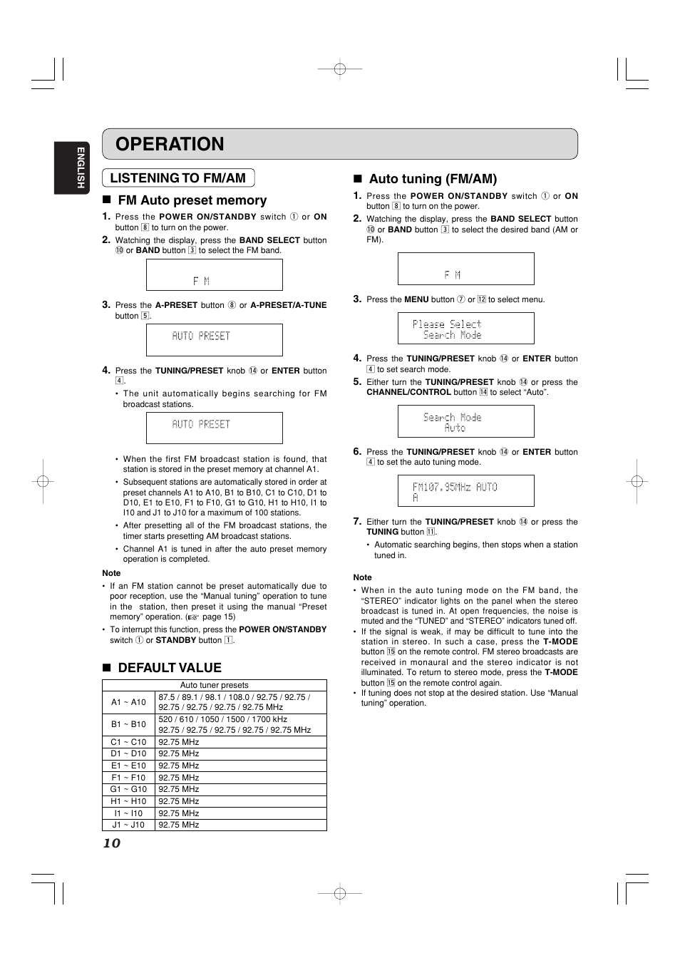 Operation, 7 auto tuning (fm/am), 7 default value | Marantz ST7001 User Manual | Page 14 / 30