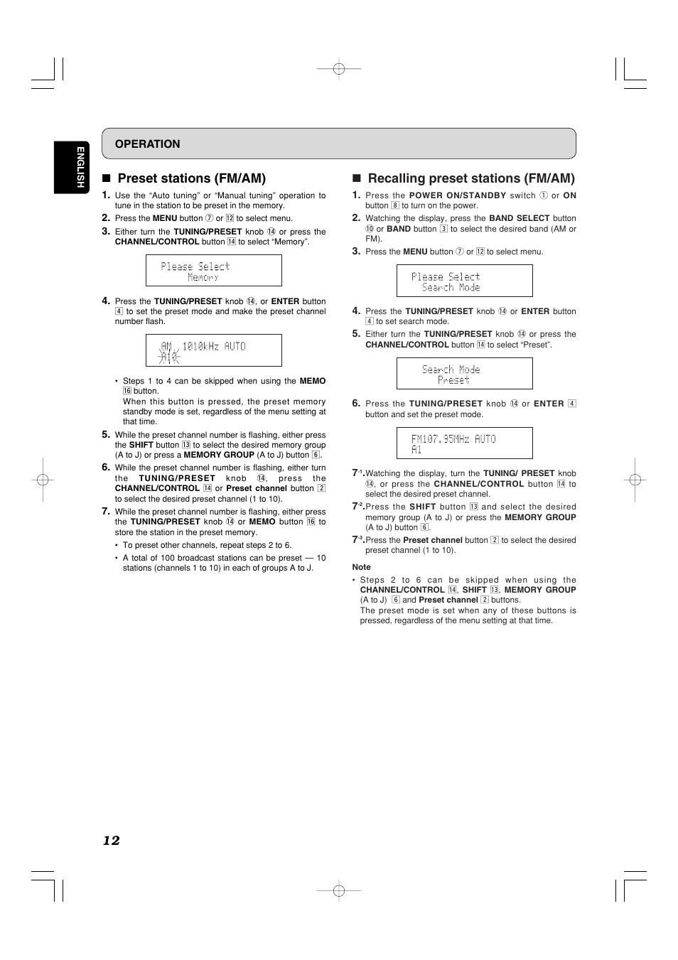 7 recalling preset stations (fm/am), 7 preset stations (fm/am), Operation | Marantz ST7001 User Manual | Page 16 / 30