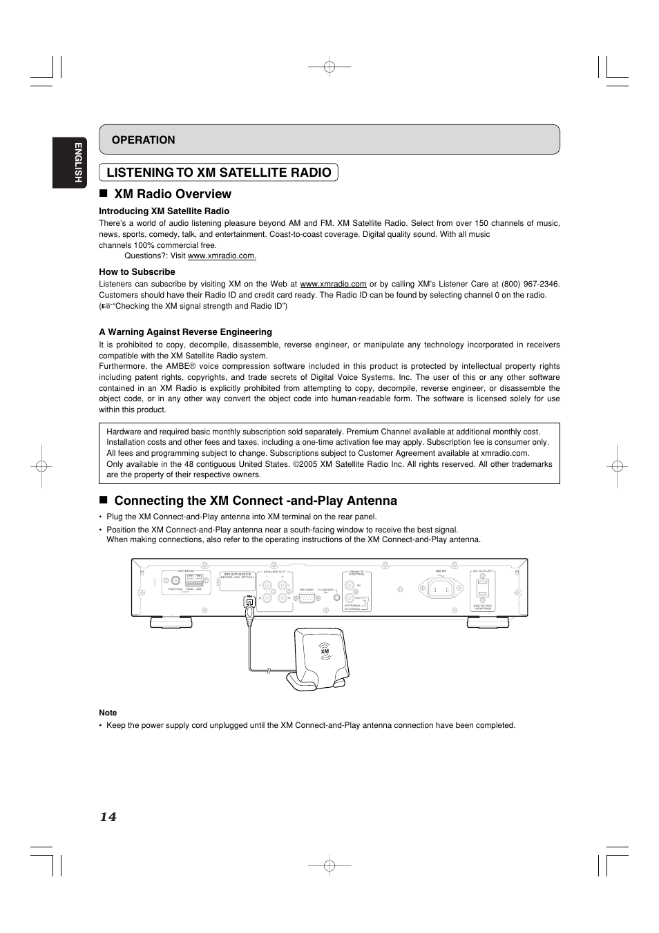 7 connecting the xm connect -and-play antenna, Operation, English | Introducing xm satellite radio, How to subscribe, A warning against reverse engineering, Checking the xm signal strength and radio id”) | Marantz ST7001 User Manual | Page 18 / 30