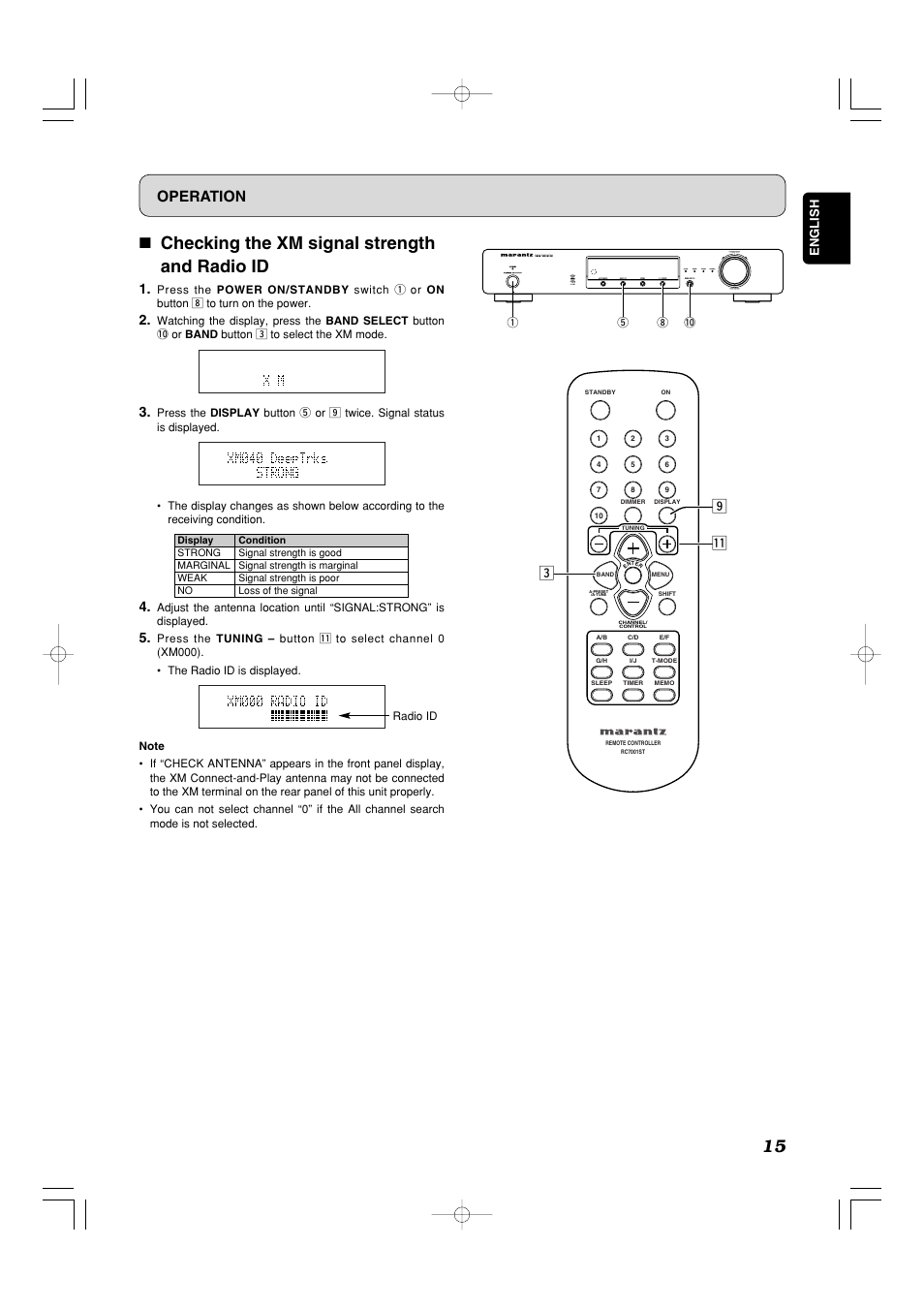 7 checking the xm signal strength and radio id, Operation, C ⁄1 | Marantz ST7001 User Manual | Page 19 / 30