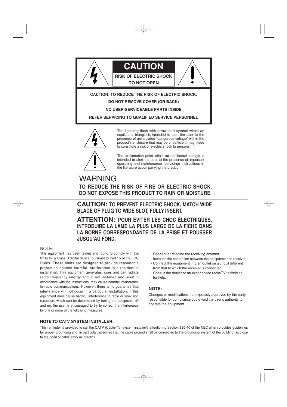 Warning, Caution, Attention | Marantz ST7001 User Manual | Page 2 / 30