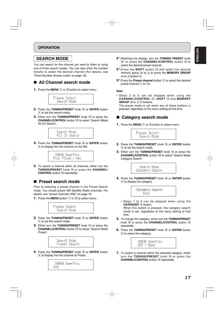 Search mode, 7 all channel search mode, 7 preset search mode | 7 category search mode, Operation | Marantz ST7001 User Manual | Page 21 / 30