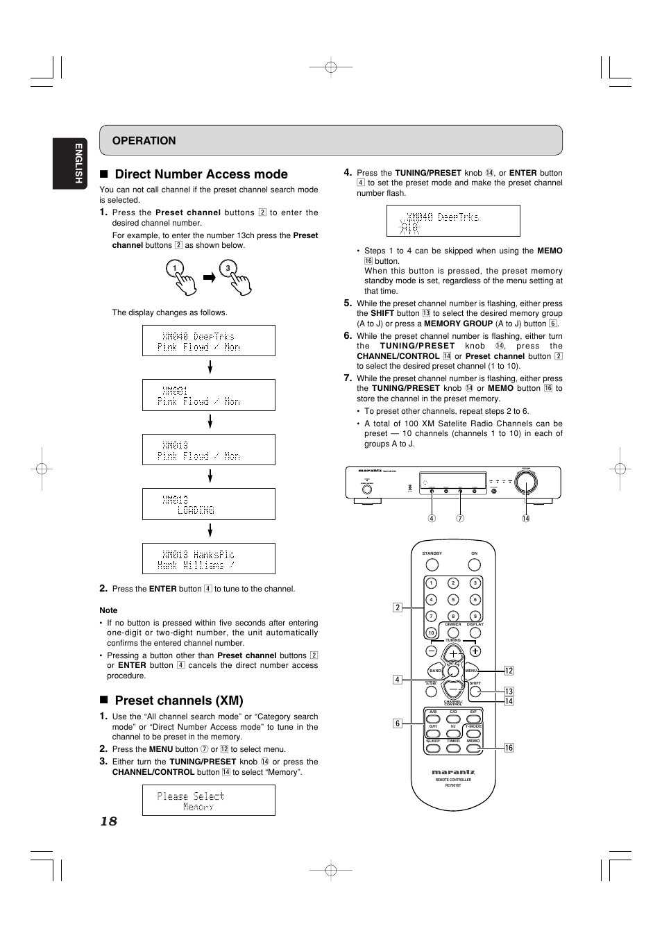7 direct number access mode, 7 preset channels (xm), Operation | Marantz ST7001 User Manual | Page 22 / 30