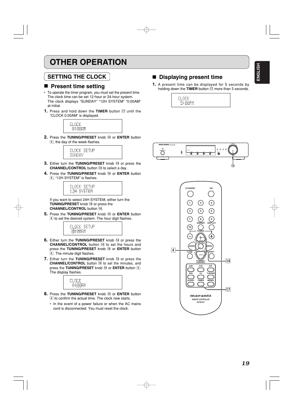 Other operation, 7 displaying present time, Setting the clock 7 present time setting | 7 v ⁄4 | Marantz ST7001 User Manual | Page 23 / 30