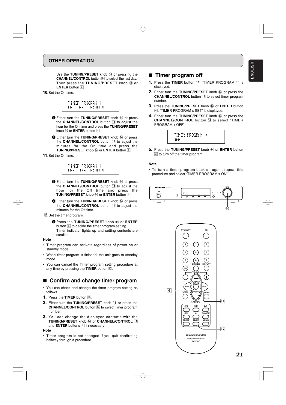 7 confirm and change timer program, 7 timer program off, Other operation | 7 v ⁄4 | Marantz ST7001 User Manual | Page 25 / 30