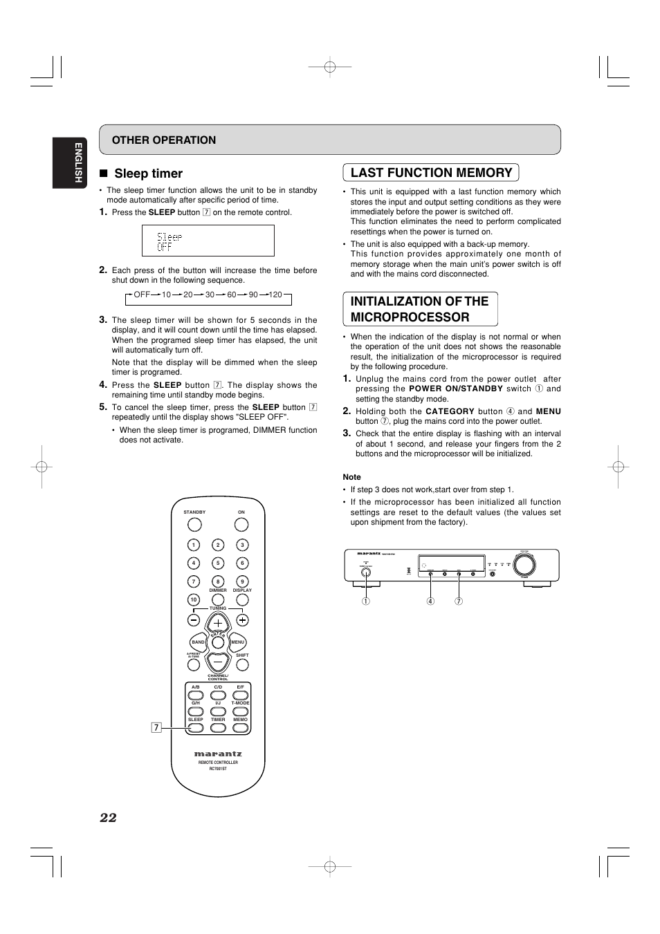7 sleep timer, Initialization of the microprocessor, Other operation | Marantz ST7001 User Manual | Page 26 / 30