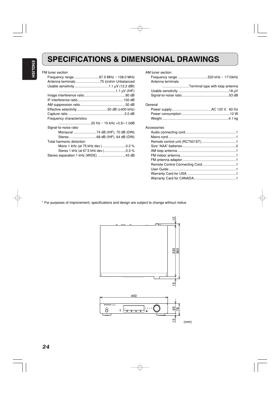 Specifications & dimensional drawings | Marantz ST7001 User Manual | Page 28 / 30