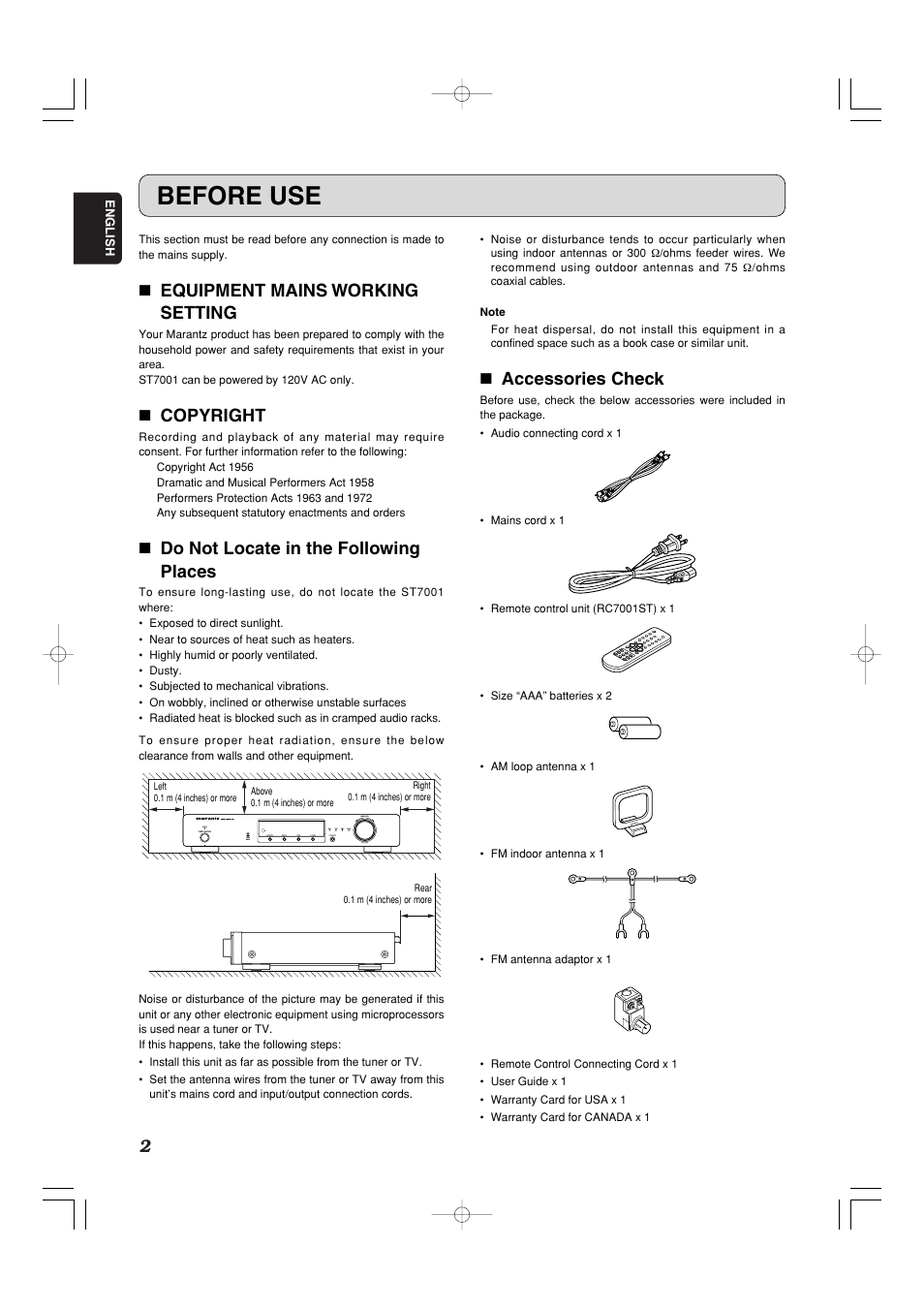 Before use, 7 equipment mains working setting, 7 copyright | 7 do not locate in the following places, 7 accessories check | Marantz ST7001 User Manual | Page 6 / 30
