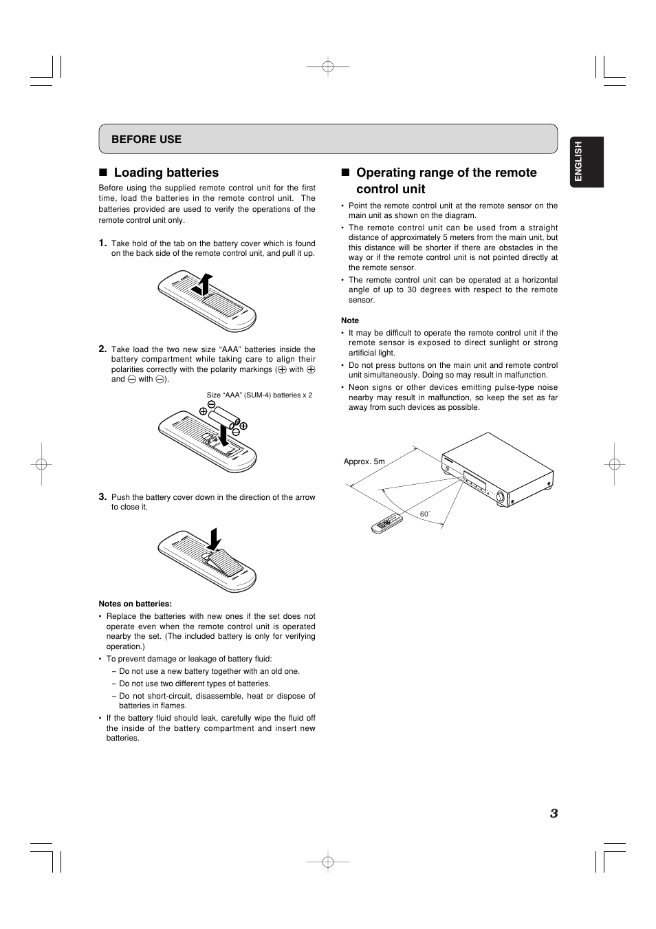 7 loading batteries, 7 operating range of the remote control unit | Marantz ST7001 User Manual | Page 7 / 30