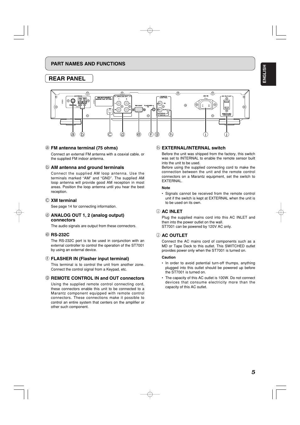 Rear panel, Part names and functions, A fm antenna terminal (75 ohms) | B am antenna and ground terminals, C xm terminal, D analog out 1, 2 (analog output) connectors, E rs-232c, F flasher in (flasher input terminal), G remote control in and out connectors, H external/internal switch | Marantz ST7001 User Manual | Page 9 / 30