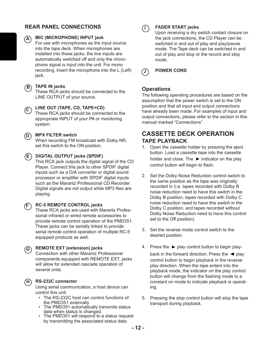 Cassette deck operation | Marantz PMD351 User Manual | Page 12 / 27