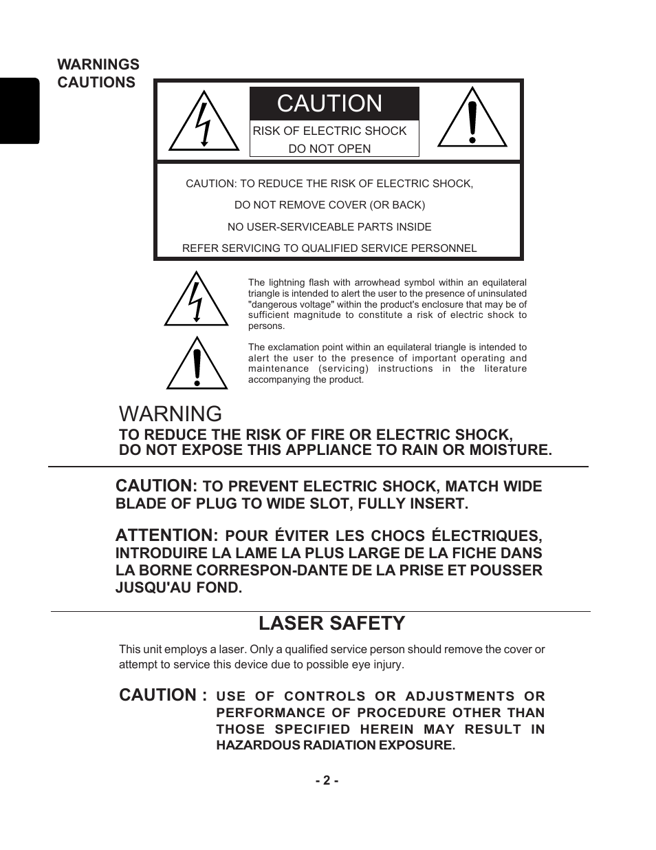 Caution, Warning, Laser safety | Attention | Marantz PMD351 User Manual | Page 2 / 27