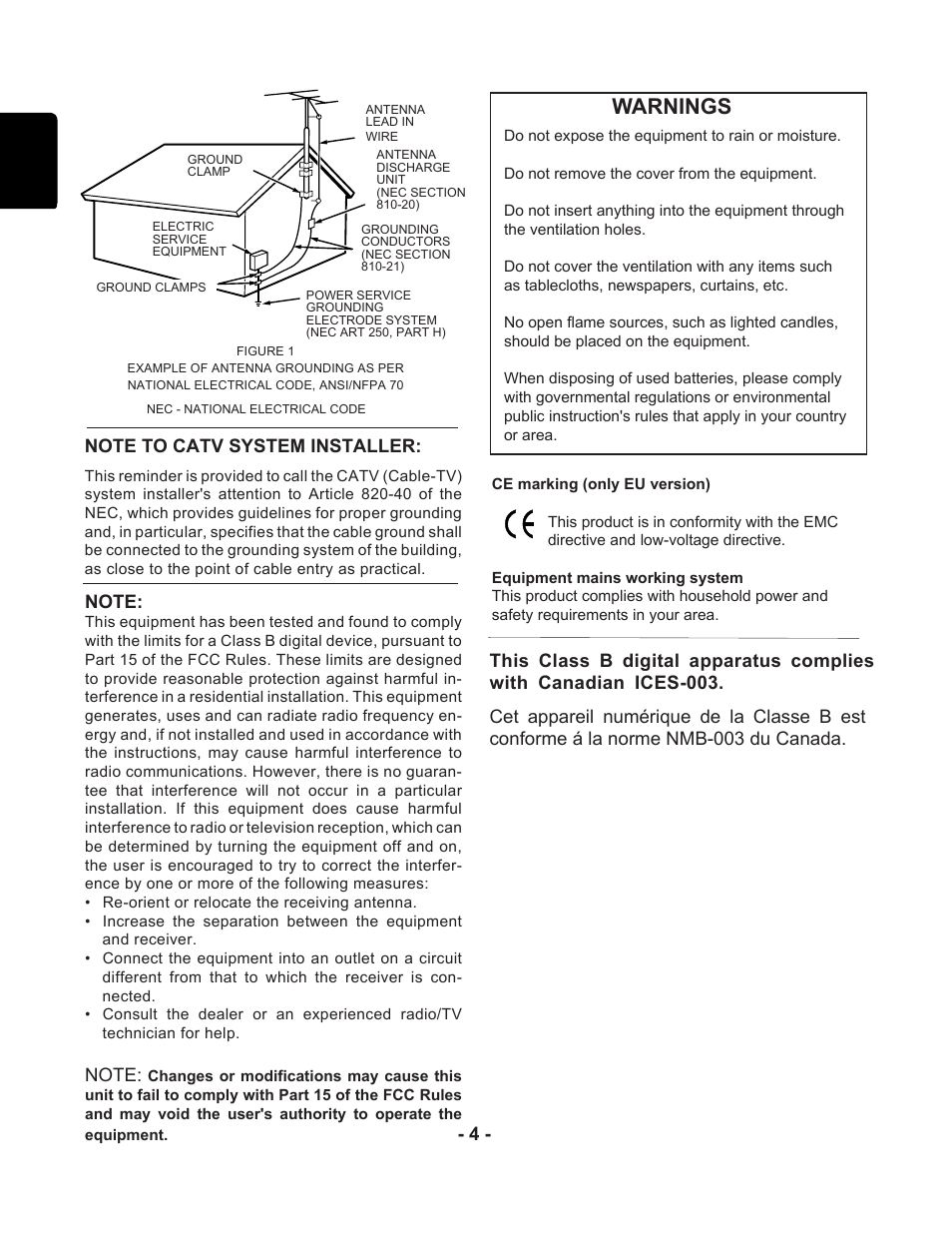 Warnings, English | Marantz PMD351 User Manual | Page 4 / 27