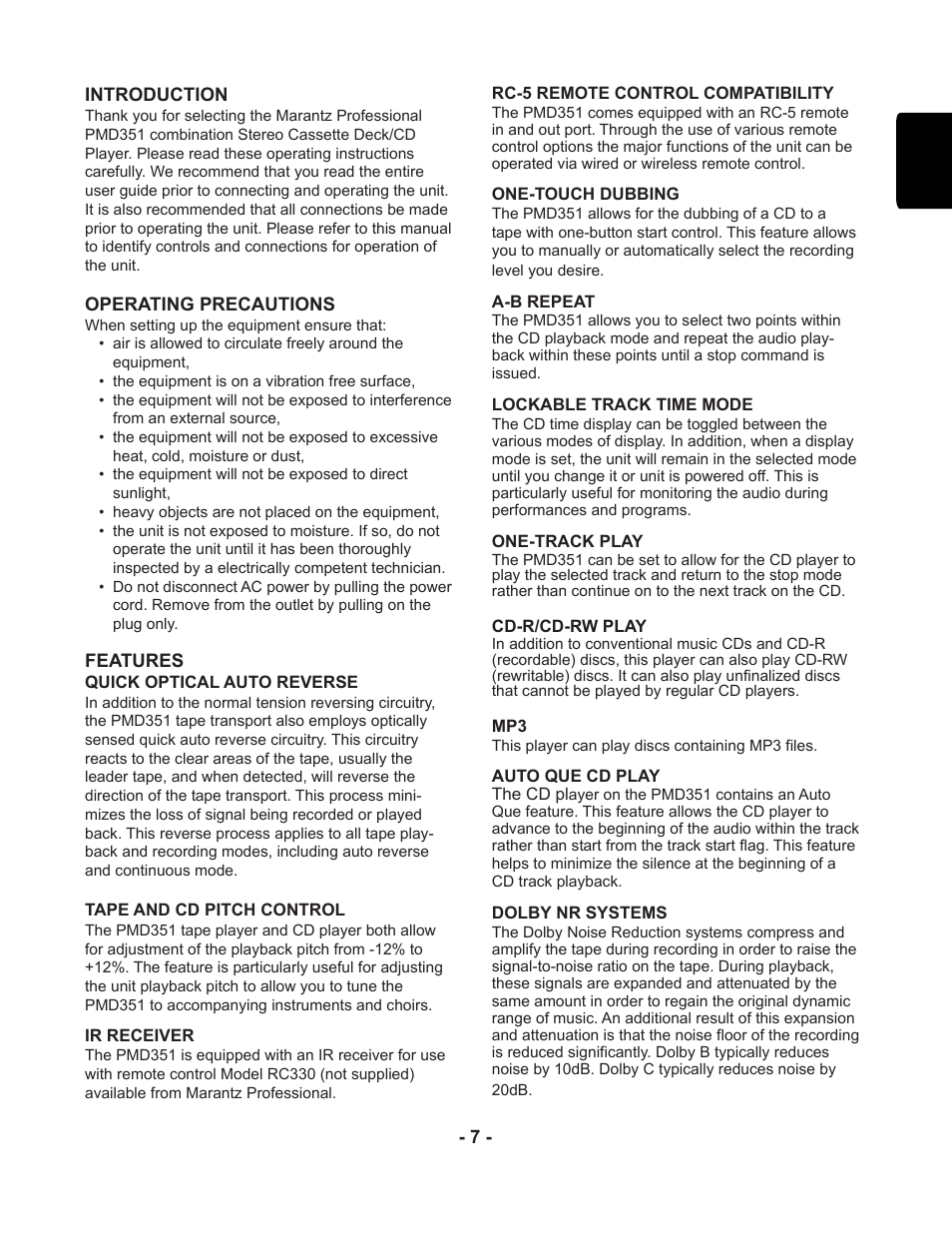 Marantz PMD351 User Manual | Page 7 / 27
