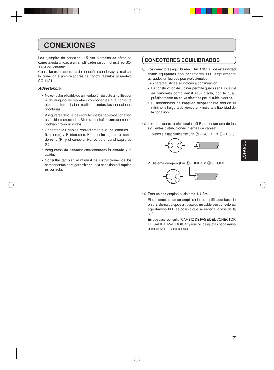 Conexiones, Conectores equilibrados | Marantz SM-11S1 User Manual | Page 13 / 31