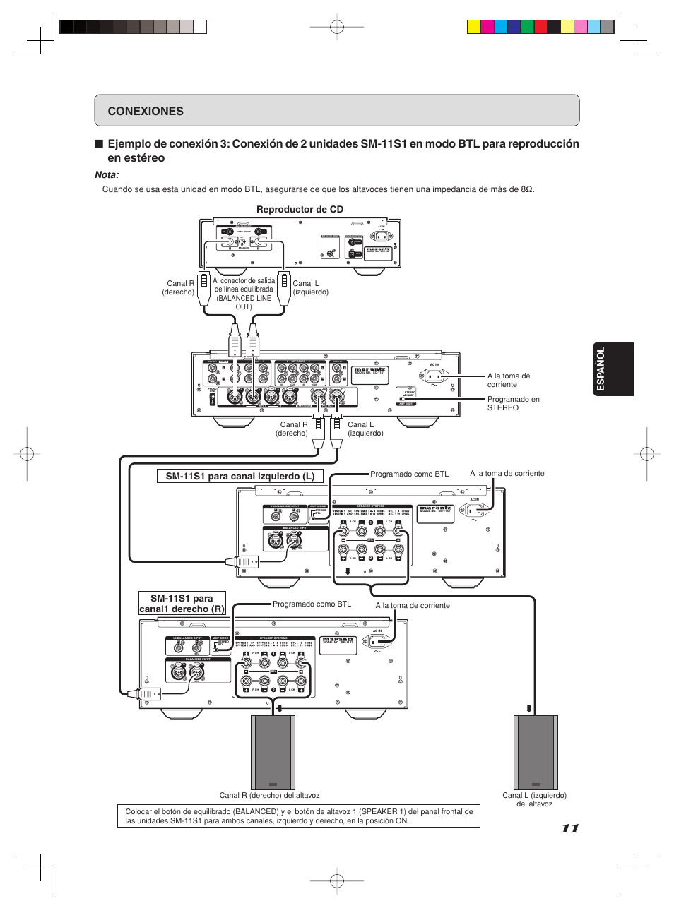 Conexiones, Hot (+) gnd, Cold (-) | Push, Esp añol, Nota, Reproductor de cd | Marantz SM-11S1 User Manual | Page 17 / 31