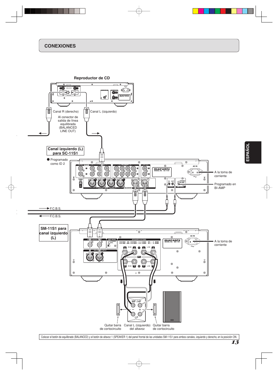 Conexiones, Hot (+) gnd, Cold (-) | Esp añol, Reproductor de cd, Canal izquierdo (l) para sc-11s1, Sm-11s1 para canal izquierdo (l) | Marantz SM-11S1 User Manual | Page 19 / 31