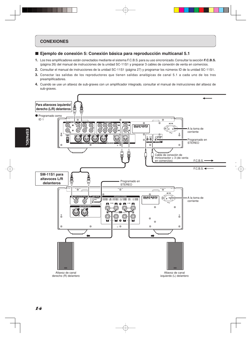 Conexiones, Esp añol, Para altavoces izquierdo/ derecho (l/r) delanteros | Sm-11s1 para altavoces l/r delanteros | Marantz SM-11S1 User Manual | Page 20 / 31