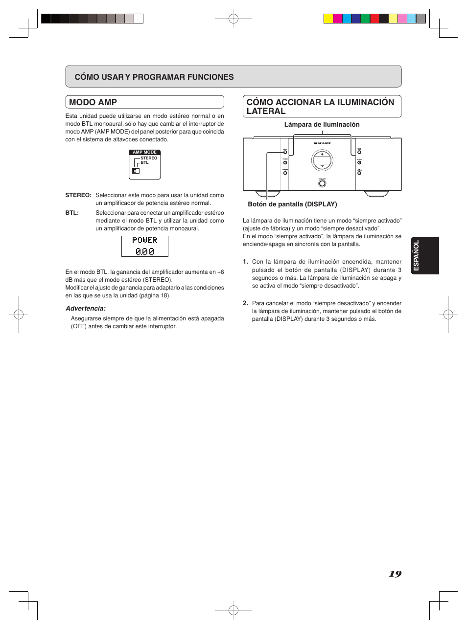 Cómo accionar la iluminación lateral, Modo amp | Marantz SM-11S1 User Manual | Page 25 / 31