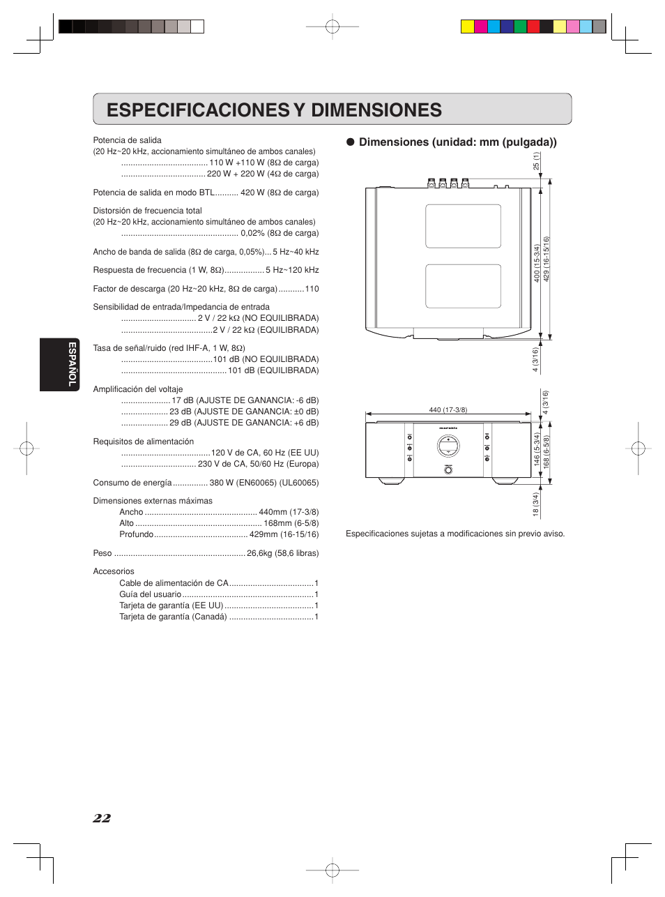 Especificaciones y dimensiones, Dimensiones (unidad: mm (pulgada)) | Marantz SM-11S1 User Manual | Page 28 / 31