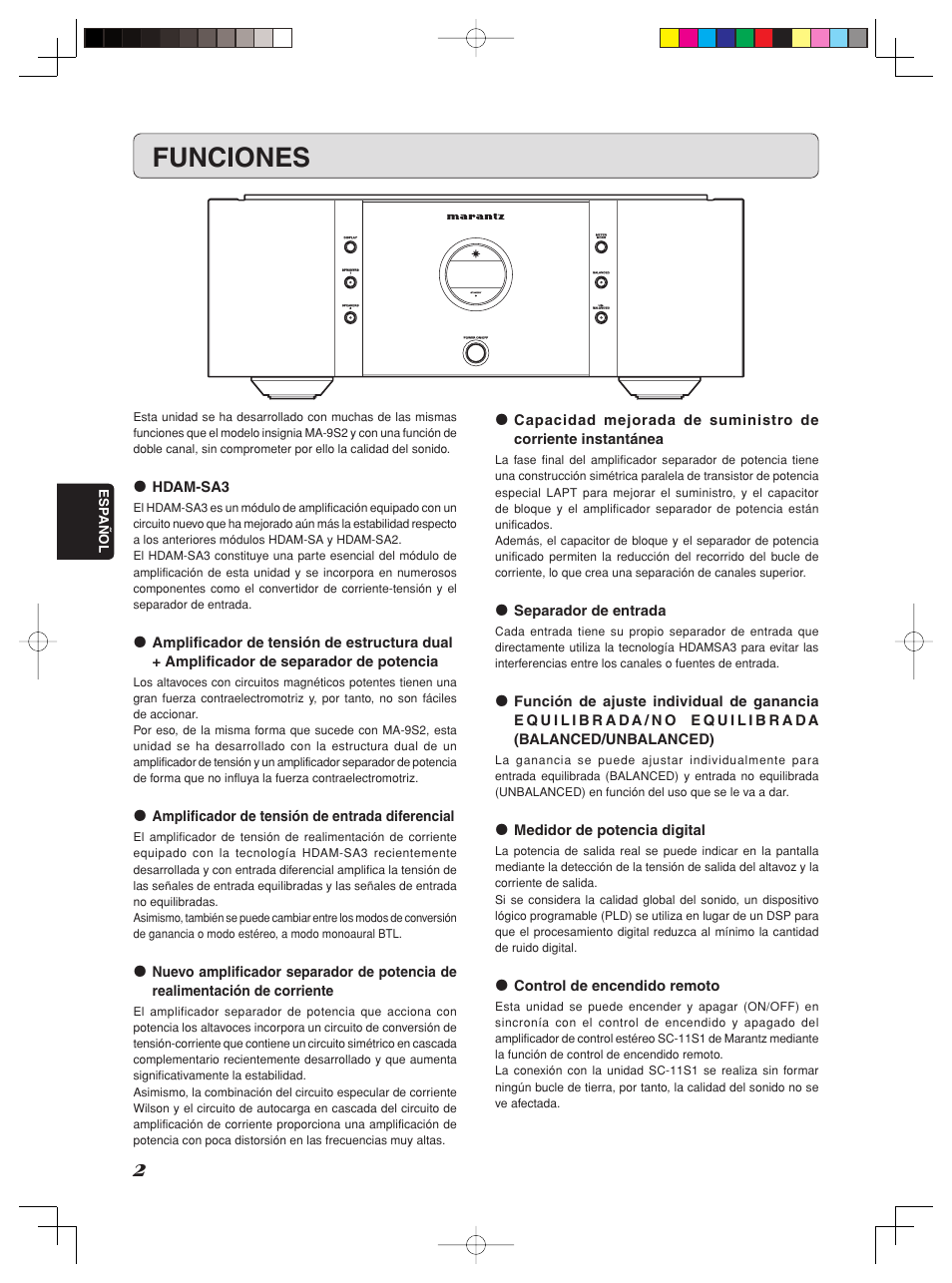 Funciones, Hdam-sa3, Amplificador de tensión de entrada diferencial | Standby, Separador de entrada, Medidor de potencia digital, Control de encendido remoto | Marantz SM-11S1 User Manual | Page 8 / 31