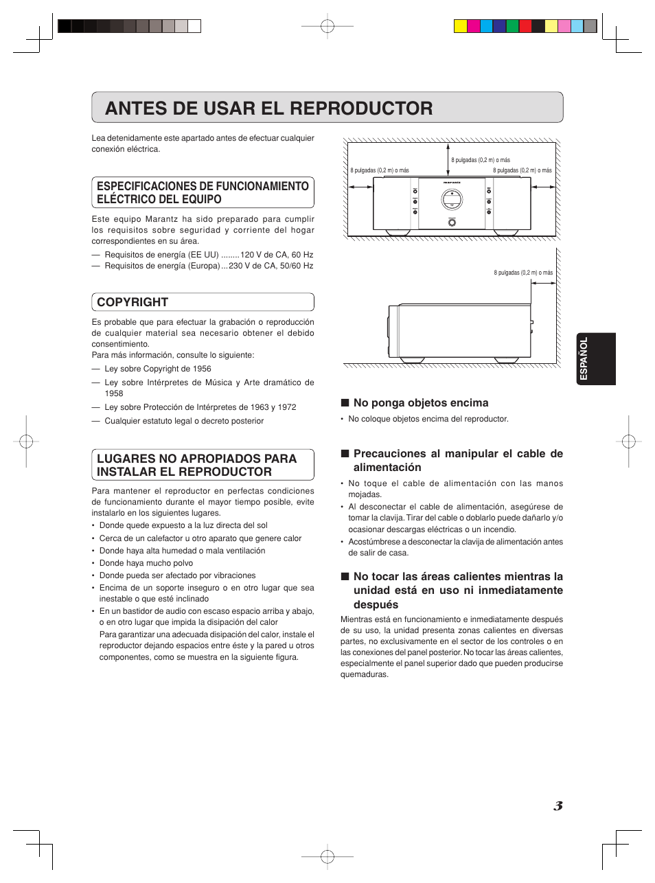 Antes de usar el reproductor, Copyright, Lugares no apropiados para instalar el reproductor | Marantz SM-11S1 User Manual | Page 9 / 31