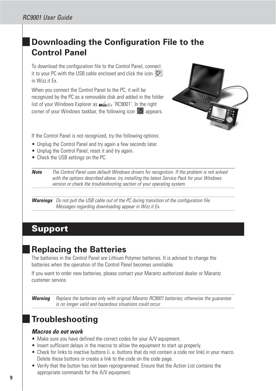 Support replacing the batteries, Troubleshooting | Marantz RC9001 User Manual | Page 12 / 20