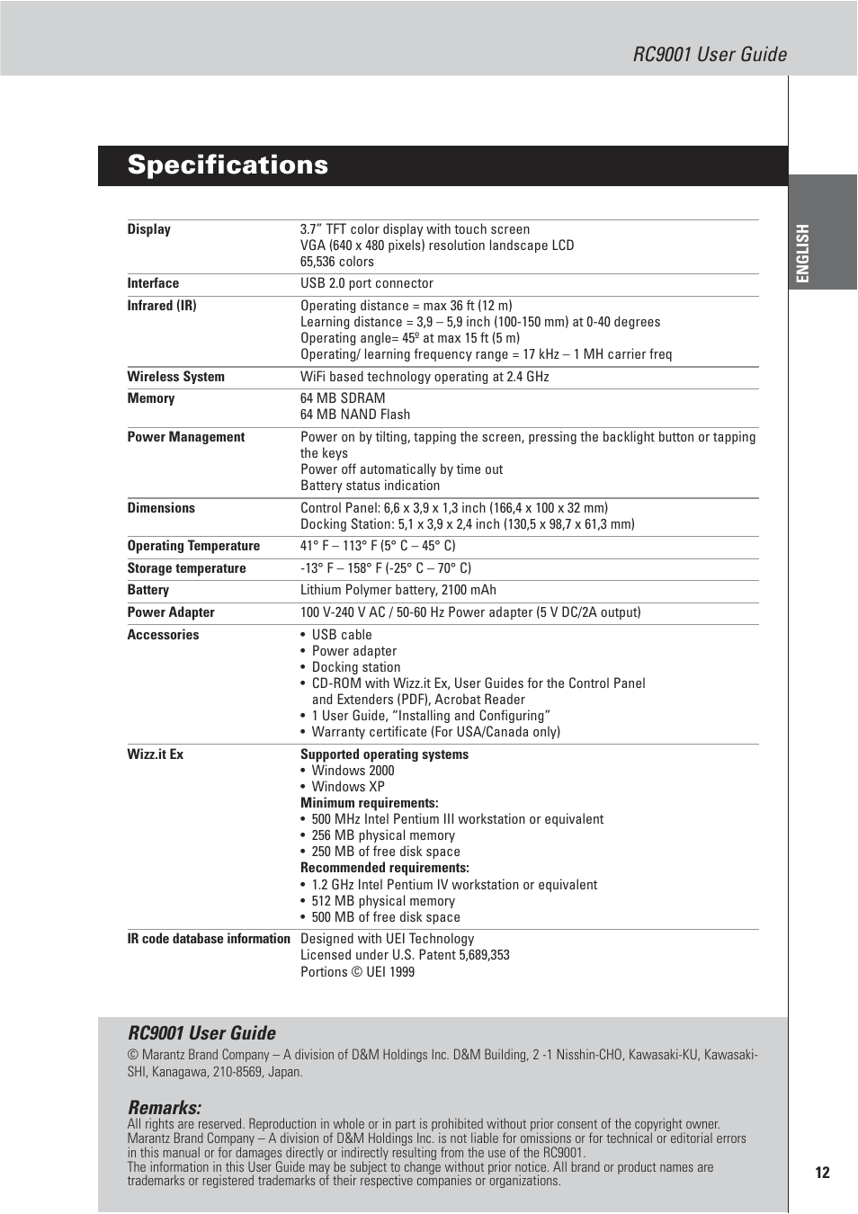 Specifications, Rc9001 user guide, Remarks | Marantz RC9001 User Manual | Page 15 / 20