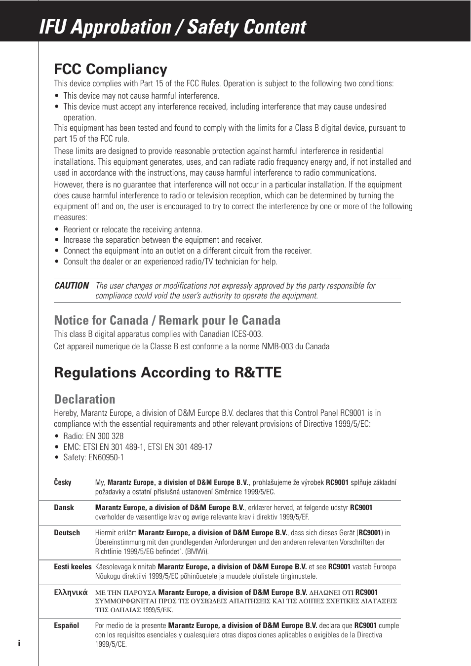 Ifu approbation / safety content, Fcc compliancy, Regulations according to r&tte | Notice for canada / remark pour le canada, Declaration | Marantz RC9001 User Manual | Page 16 / 20