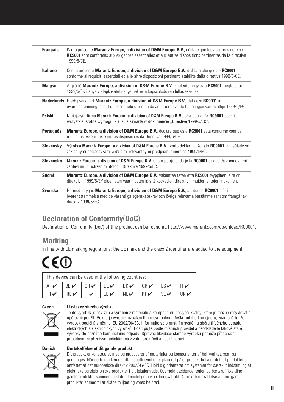 Declaration of conformity(doc), Marking | Marantz RC9001 User Manual | Page 17 / 20